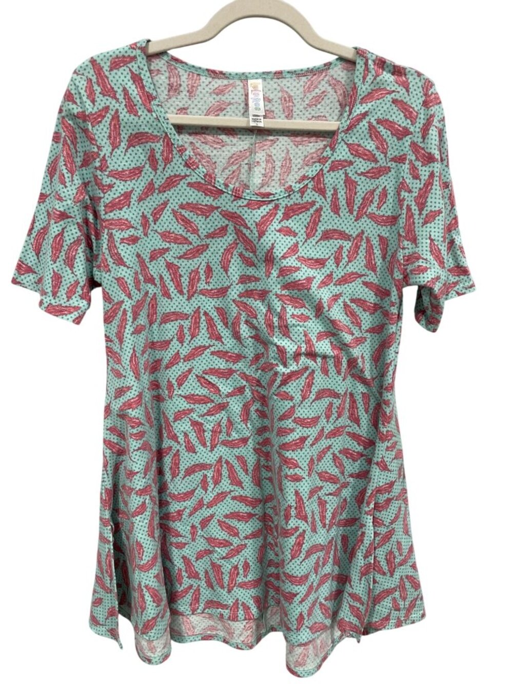 LuLaRoe Tunic Top Small Short Sleeve A Line Leaf Print Polka Dot Blue NEW
